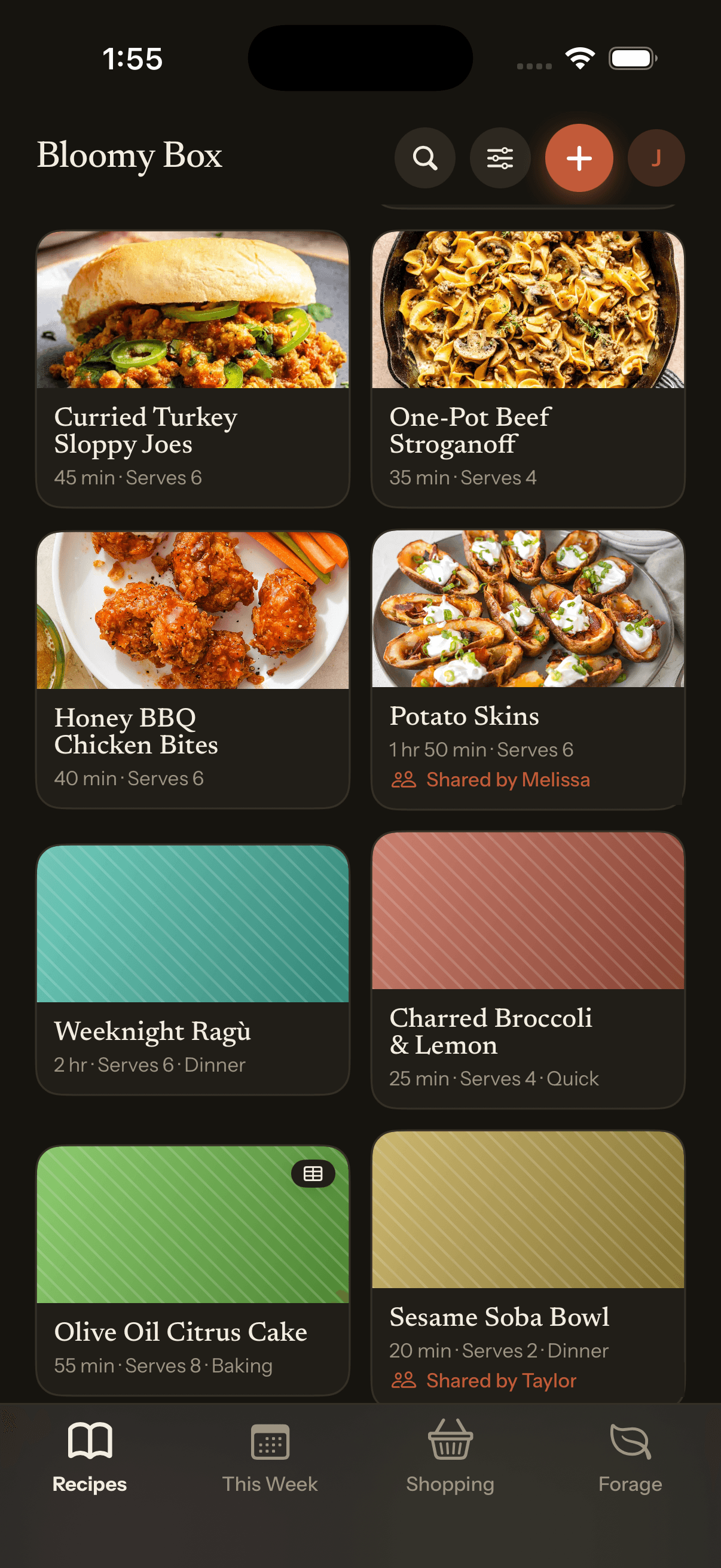 Your box — a recipe list mixing your own recipes with ones shared into your circle, each marked with who brought it.