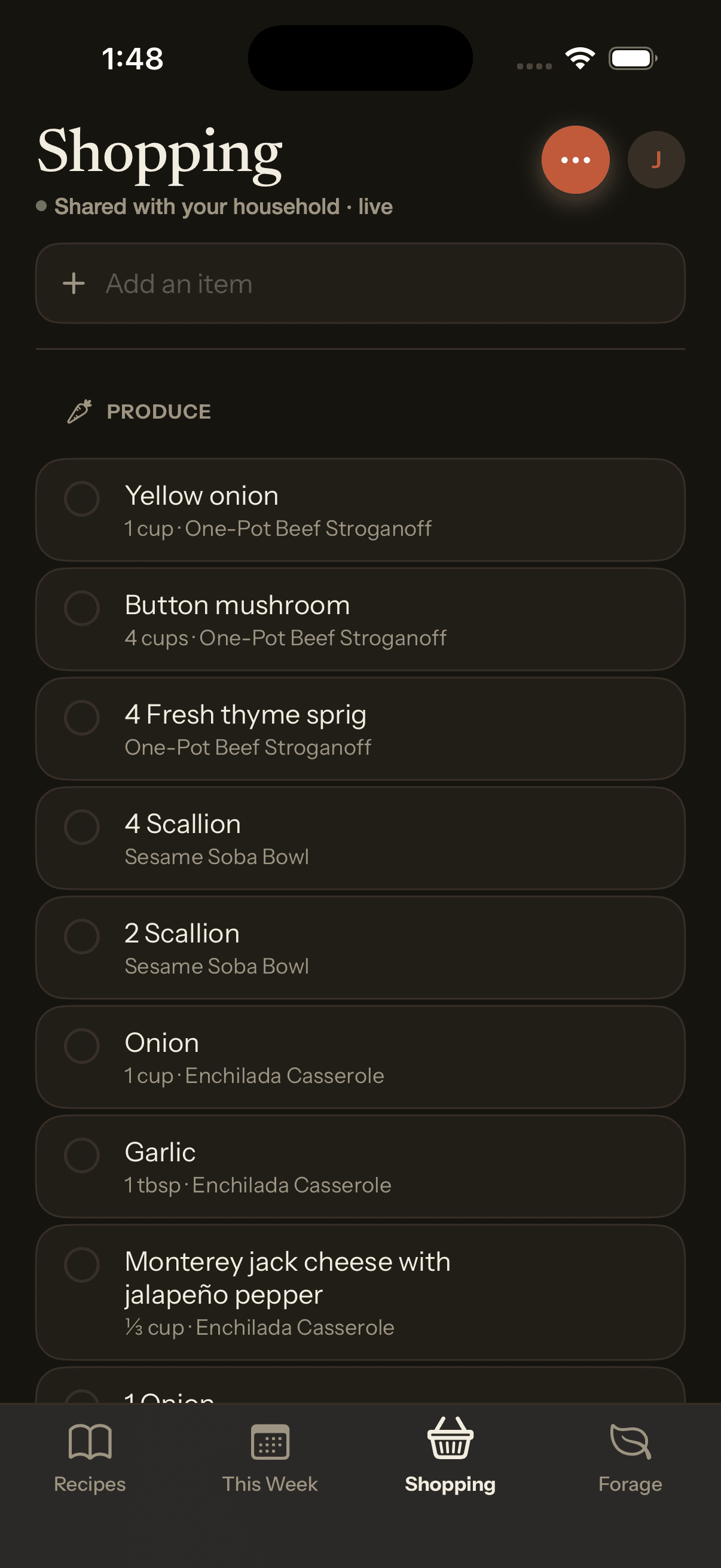 Shopping list grouped by aisle, shared with the household and ticking off live.